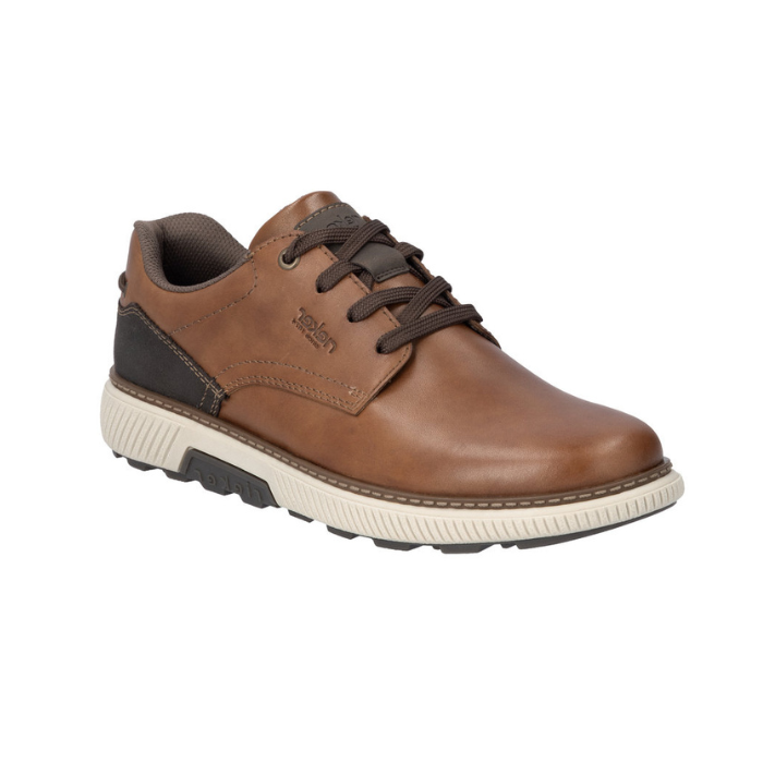 Lace-up leather sneaker in brown with navy accent heel, beige midsole and black outsole.
