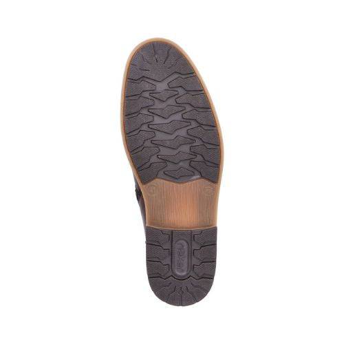 Dark brown and tan treaded outsole with Rieker logo stamped in heel.