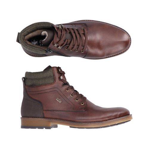 Pair of Brown lace-up ankle boots with grey padded cuff, brown laces, inside zipper, accent stitching and brown outsole.