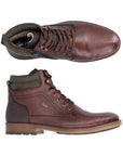 Pair of Brown lace-up ankle boots with grey padded cuff, brown laces, inside zipper, accent stitching and brown outsole.