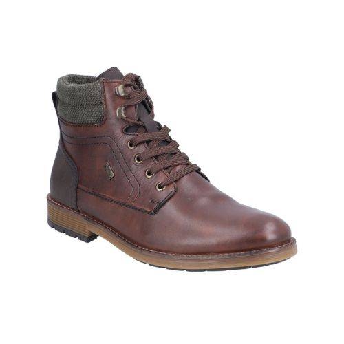 Brown lace-up ankle boot with grey padded cuff, brown laces, accent stitching and brown outsole.