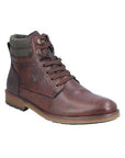 Brown lace-up ankle boot with grey padded cuff, brown laces, accent stitching and brown outsole.