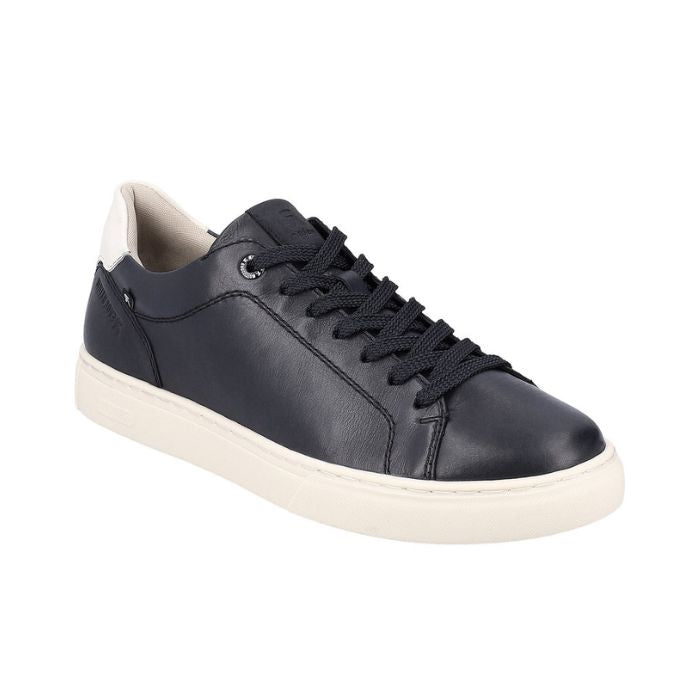 Navy leather sneaker with lace closure and white outsole. 