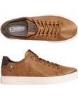 Top and side view of brown leather sneaker with lace closure and white outsole. Rieker logo on grey insole.