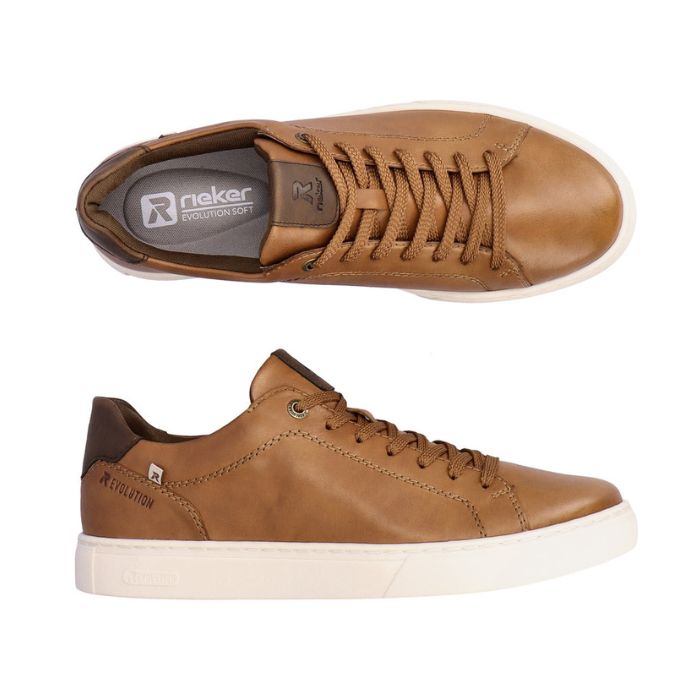 Top and side view of brown leather sneaker with lace closure and white outsole. Rieker logo on grey insole.