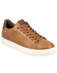 Brown leather sneaker with lace closure and white outsole.