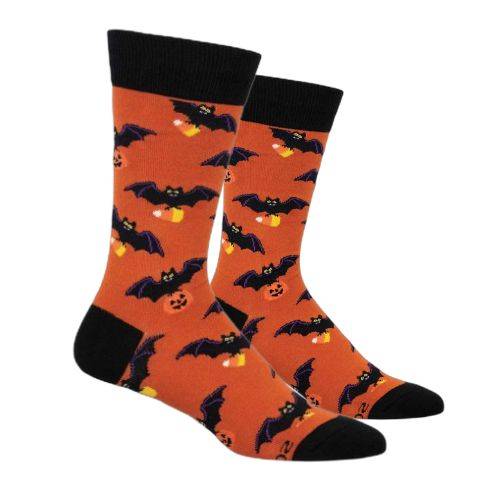 Orange socks with black bats, candy corn, and jack-o'-lanterns with black heel, toe and cuff accent.