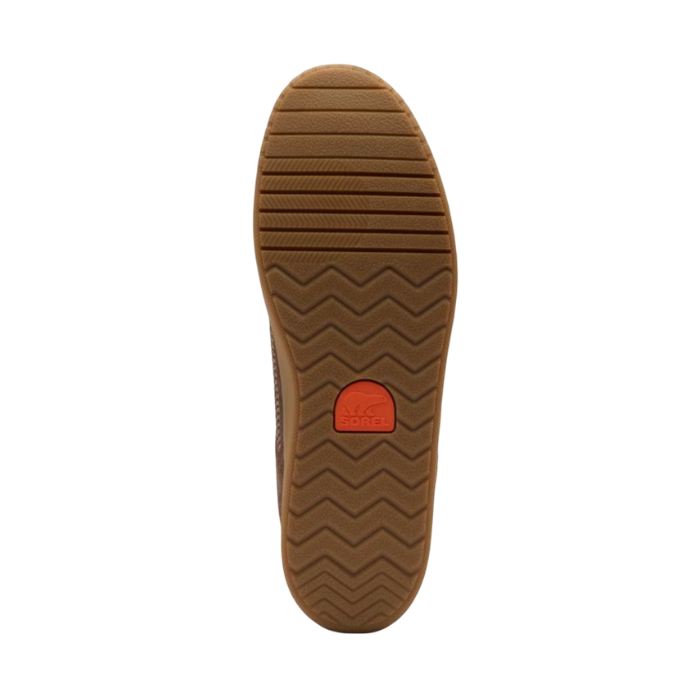 Tan light treaded outsole with line and zig-zag pattern and orange Sorel logo stamped in middle.