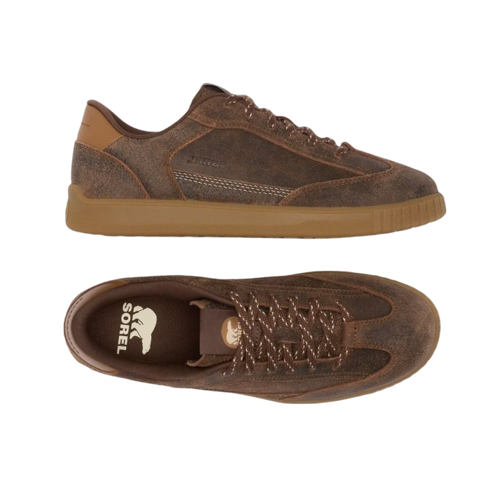 Pair of brown suede sneakers with matching brown laces, accent stitched panels, Sorel logo'd footbed and a gum rubber outsole.