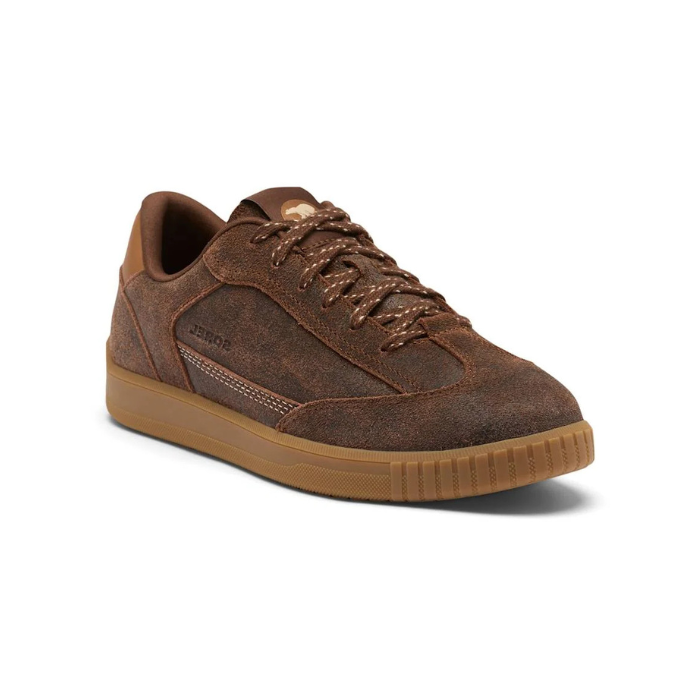 A brown suede sneaker with matching brown laces, accent stitched panels and a gum rubber outsole.