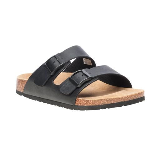 Black Austin sandal with two buckle straps over foot and cork footbed by Viking