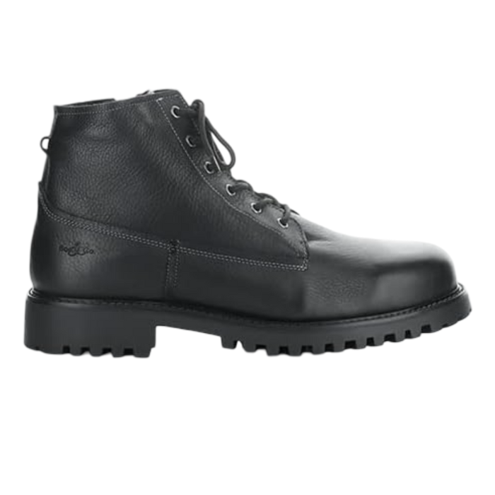 black leather ankle boot with laces and thick treaded outsole.