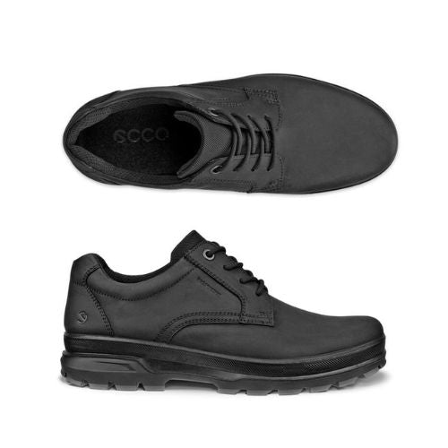 Pair of Black leather shoes with detailed stitching, black laces, back Ecco Logo'd footbed and black lugged outsoles.