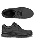 Pair of Black leather shoes with detailed stitching, black laces, back Ecco Logo'd footbed and black lugged outsoles.