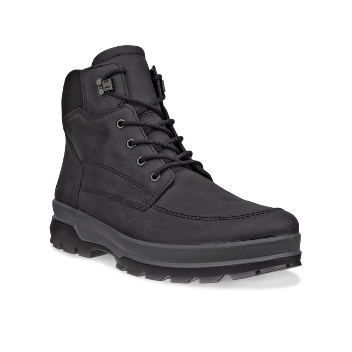 Black mid leather boot with black laces, detailed stitching and black lugged outsole.