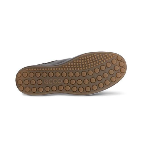 Tan outsole with circle tread pattern and Ecco logo on heel.
