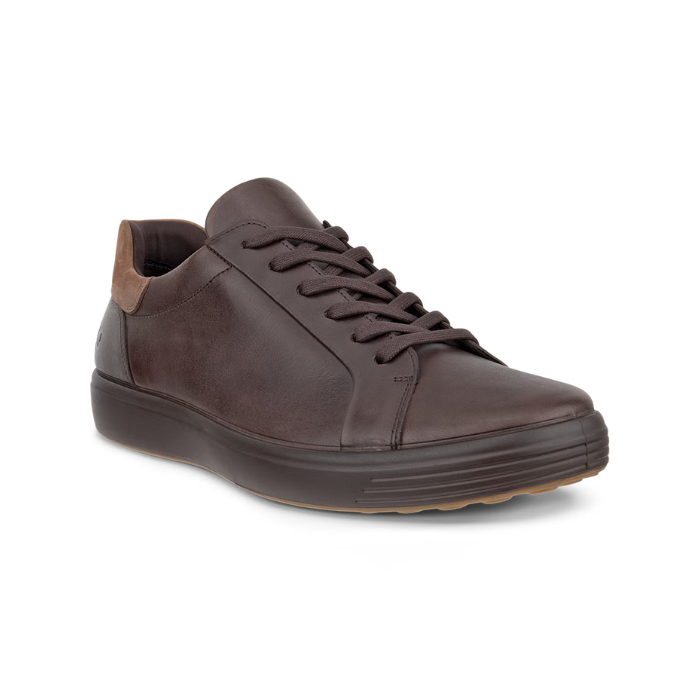 Brown leather sneaker with brown laces, light brown accent on heel and brown rubber outsole.