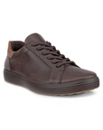 Brown leather sneaker with brown laces, light brown accent on heel and brown rubber outsole.