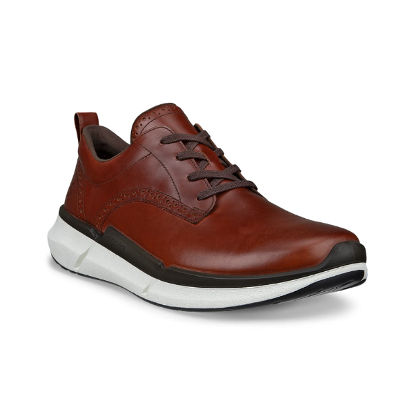 An Ecco brown leather sneaker with brown laces, black midsole, and a white outsole. 