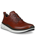 An Ecco brown leather sneaker with brown laces, black midsole, and a white outsole. 