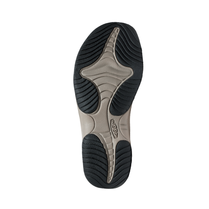 Black and beige rugged outsole of sandal with Keen logo at edge.