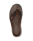 Brown thong sandal with brown textured footbed and black rugged outsole. 