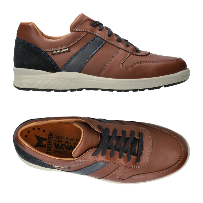 Pair of Brown leather casual sneakers with blue accents, orange Mephisto logo'd footebd and white midsole.