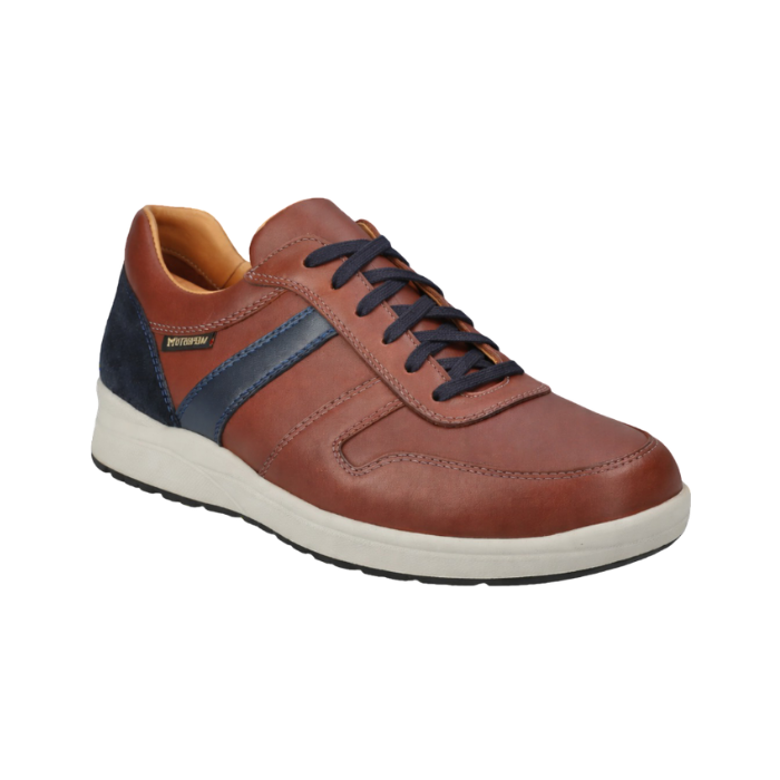 Brown leather casual sneaker with blue accents and white midsole.