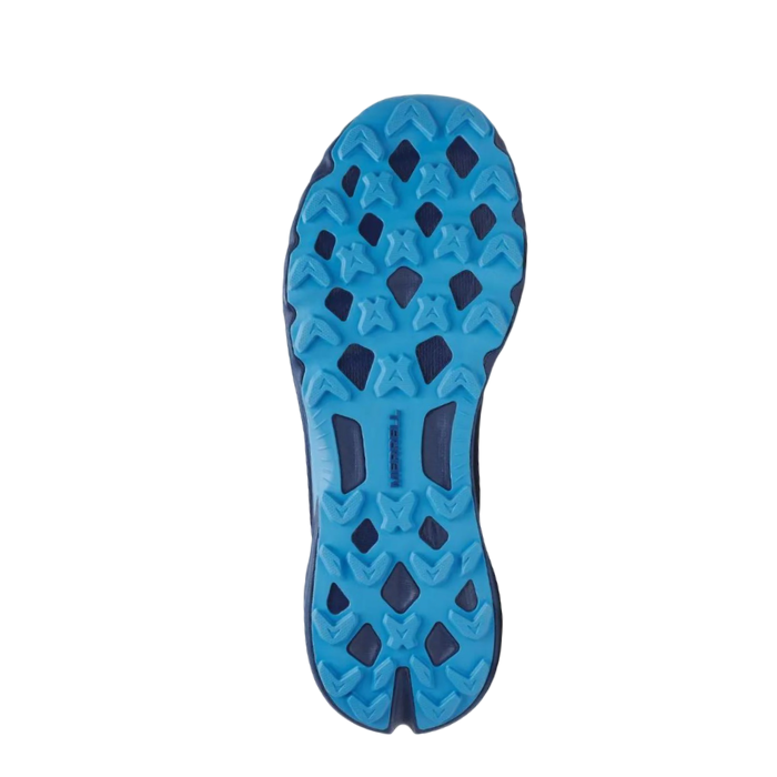 Blue and dark blue outsole of a hiker shoe with textured pattern and Merrell logo stamped in middle.