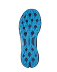 Blue and dark blue outsole of a hiker shoe with textured pattern and Merrell logo stamped in middle.