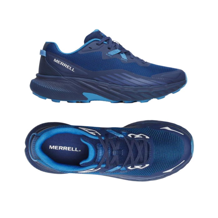 Pair of Blue running shoes with light blue and white accents, blue Merrell logo'd footbed, thick  midsole and high treaded outsole.