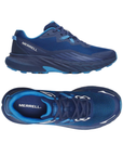 Pair of Blue running shoes with light blue and white accents, blue Merrell logo'd footbed, thick  midsole and high treaded outsole.
