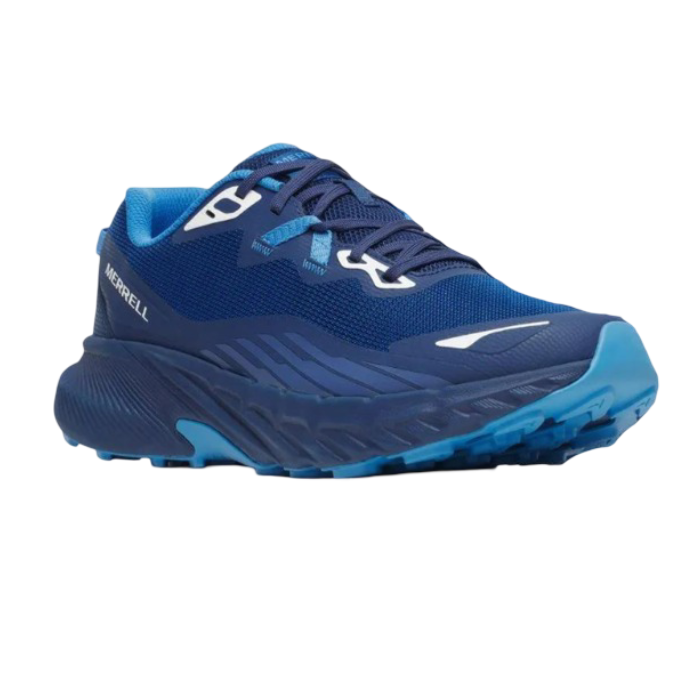 Blue running shoe with light blue and white accents, thick  midsole and high treaded outsole.
