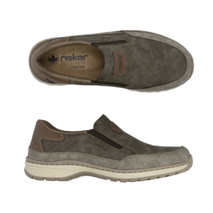 Pair of Brown slip-on shoes with dark brown accents and detail stitching.