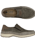 Pair of Brown slip-on shoes with dark brown accents and detail stitching.