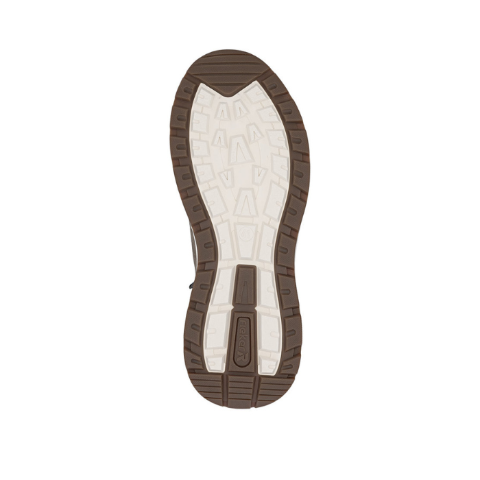 White and brown outsole of sneaker with light tread and Rieker logo on heel.