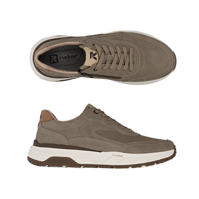 Pair of Brown sneakers with detail stitching, thick white midsole and brown outsole.