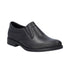 Black slip on dress shoe with side elastic goring and textured details.