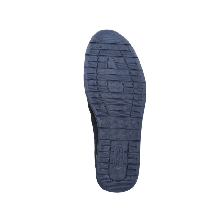 Dark blue light treaded outsole with Rieker logo on heel.