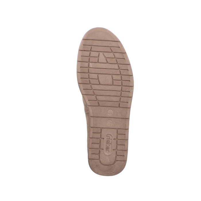 Tan light treaded outsole with Rieker logo on heel.