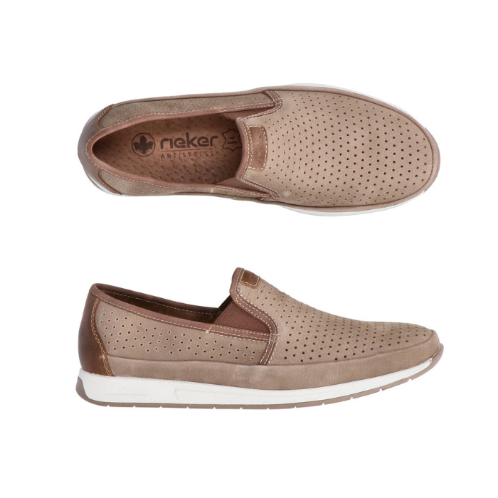 Pair of Light Brown perforated slip-on loafers with tan Rieker logo'd footbed, white midsole and brown outsole.