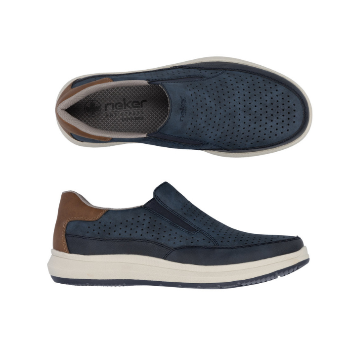 Pair of Slip-on Sneakers in navy with perforated upper, brown heel cap, grey Rieker logo'd footbed, white midsole and navy outsole