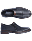 Black leather slip on shoe with toe cap. Rieker logo on heel.