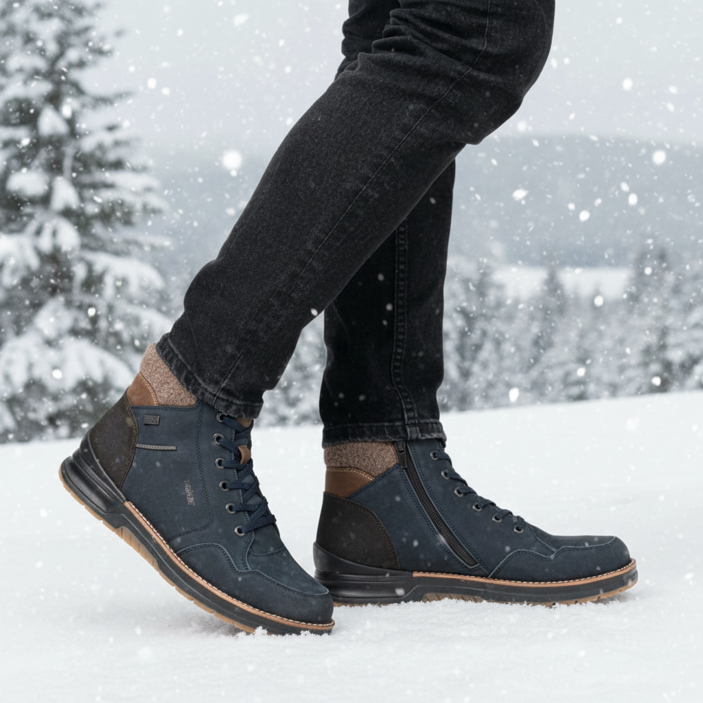 Person in  dark jeans and blue high-top sneakers with tan accents in a snowy scene.