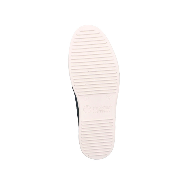 White line treaded outsole with Rieker logo stamped in middle.