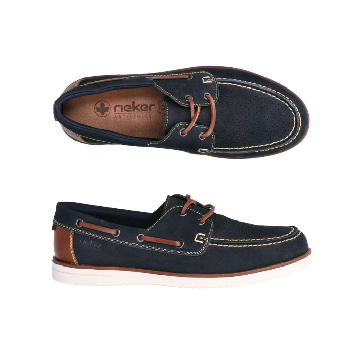 Pair of Navy blue boat shoes with brown lacing, accent stitching, tan Rieker logo'd footbed and white outsole.