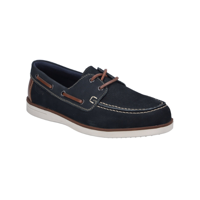 Navy blue boat shoe with brown lacing, accent stitching and white outsole.