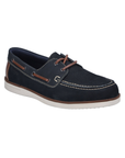 Navy blue boat shoe with brown lacing, accent stitching and white outsole.