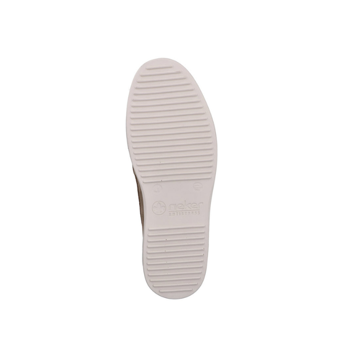 White line treaded outsole with Rieker logo stamped in middle.