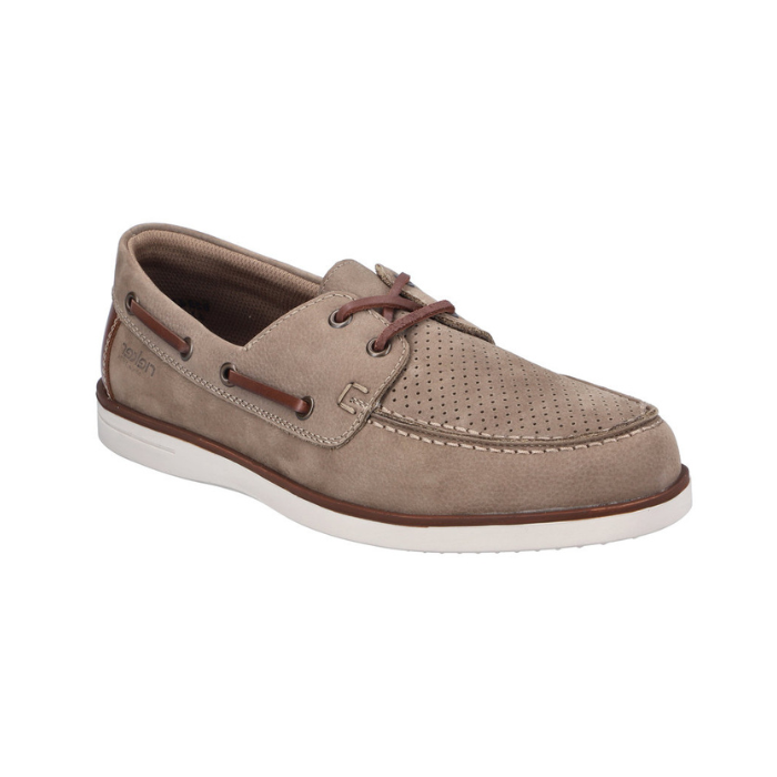 Beige boat shoe with brown lacing, accent stitching and white outsole.